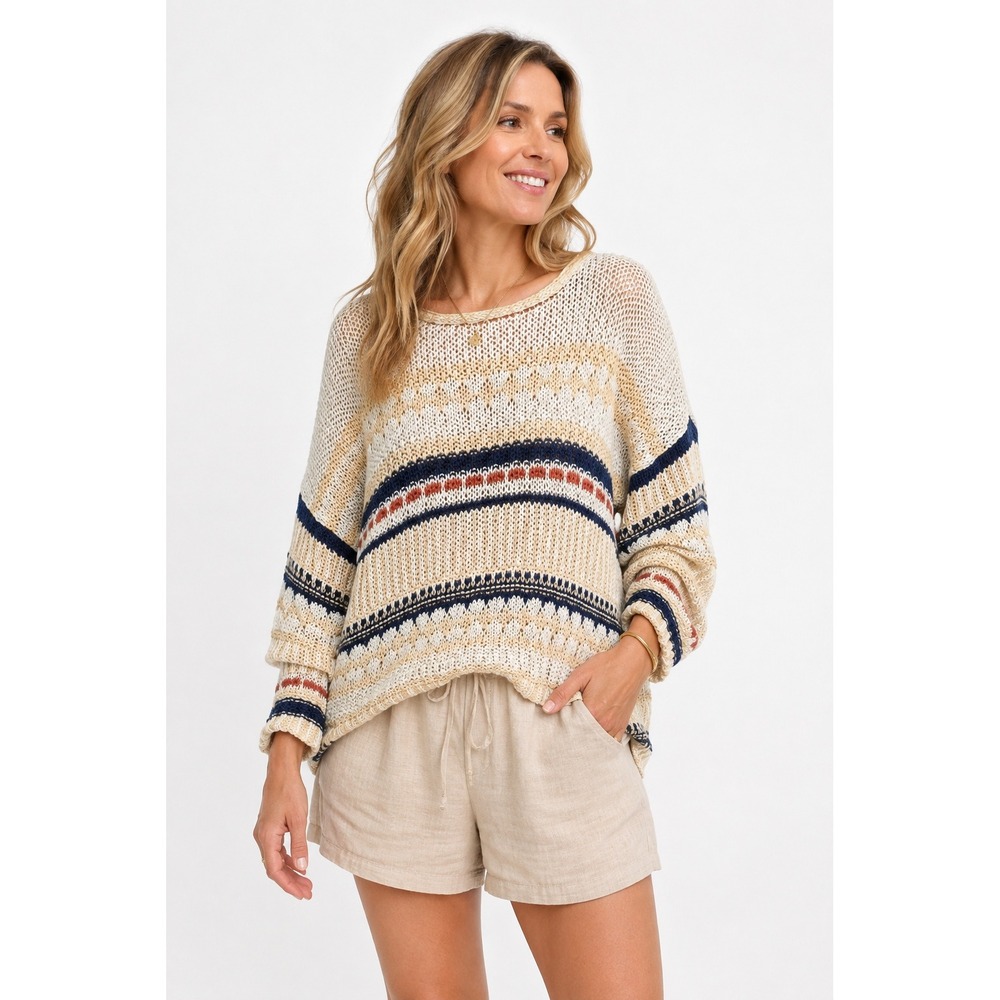 Cream Navy Open Knit Striped Sweater Large Cotton Coastal‎ Preppy Boho Parkhurst